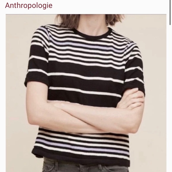 Anthropologie Postmark Black, White and Blue Striped Short Sleeve Sweater SZ- S - Picture 1 of 7